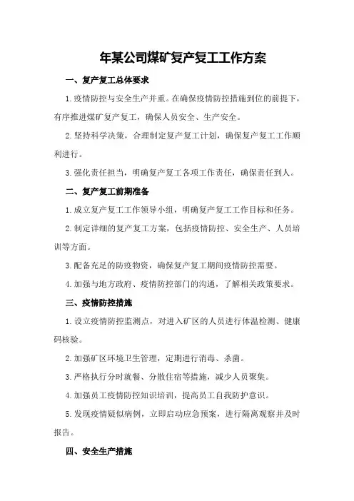 年某公司煤矿复产复工工作方案