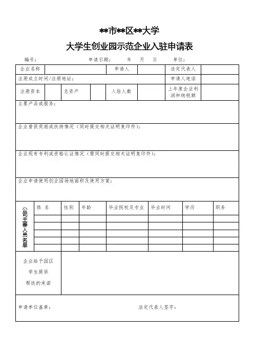 xx市xx区XX大学大学生创业园示范企业入驻申请表【模板】