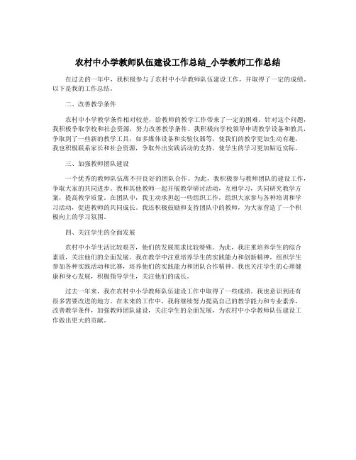 农村中小学教师队伍建设工作总结_小学教师工作总结