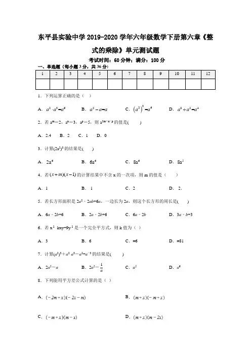 山东省东平县实验中学2019-2020学年六年级数学下册第六章《整式的乘除》单元测试题
