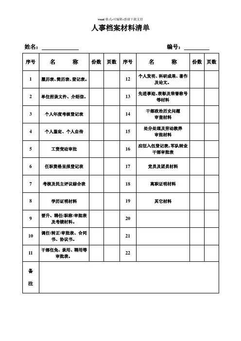 人事档案材料清单