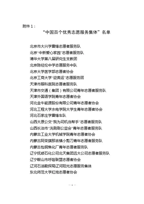 中国百个优秀志愿服务集体名单