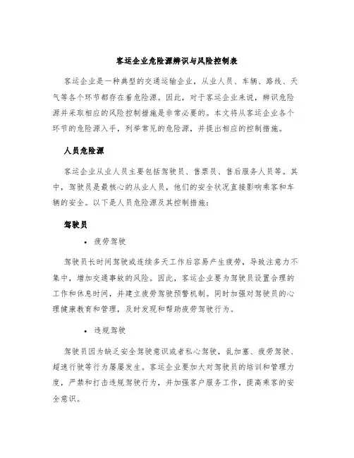 客运企业危险源辨识与风险控制表