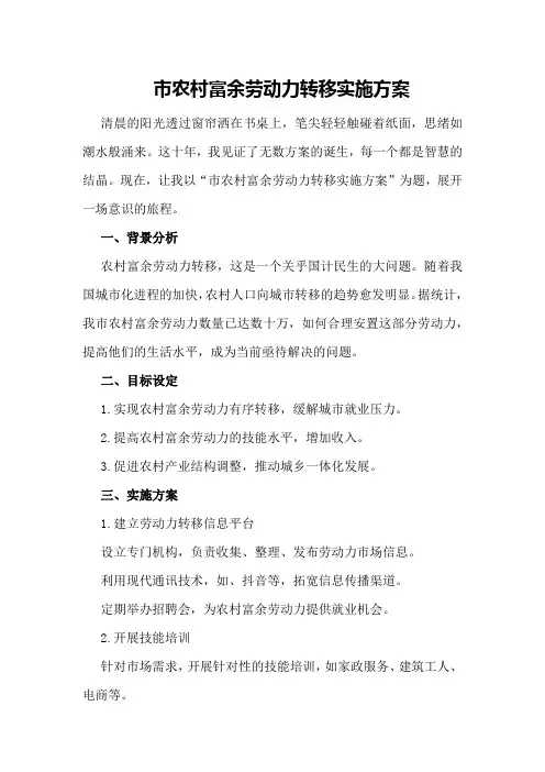 市农村富余劳动力转移实施方案