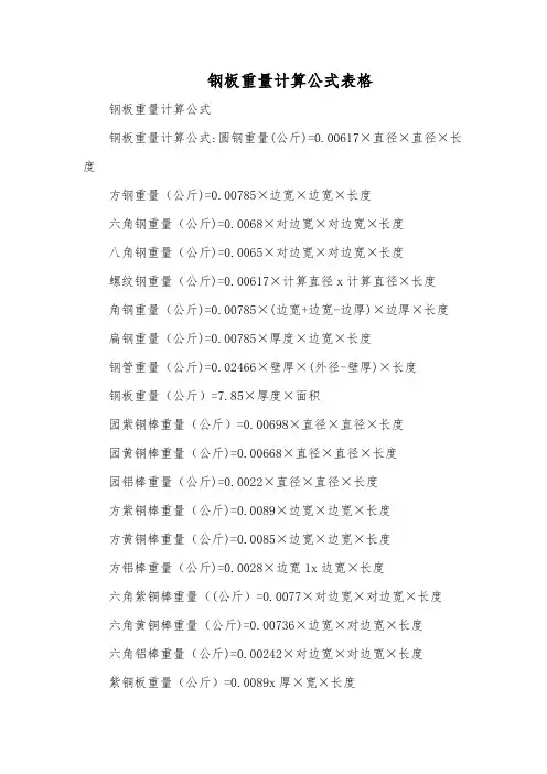 钢板重量计算公式表格
