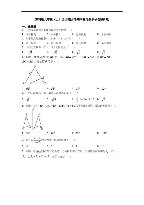 苏科版八年级(上)12月底月考期末复习数学试卷解析版