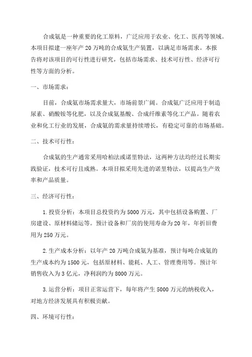 年产20万吨合成氨项目可行性研究报告