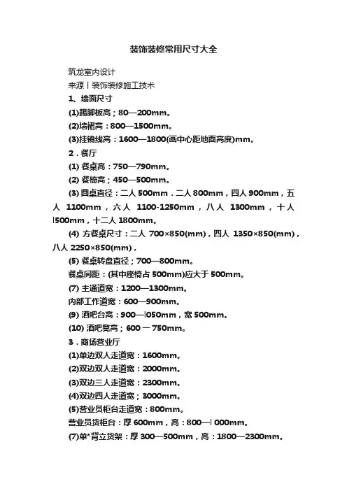 装饰装修常用尺寸大全