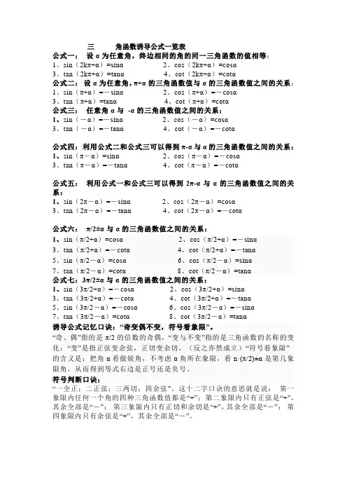 三角函数诱导公式一览表