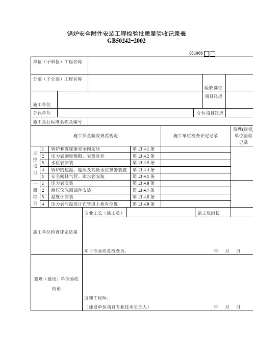 锅炉安全附件安装工程检验批质量验收记录表