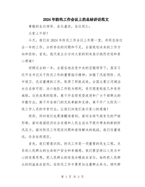 2024年防汛工作会议上的总结讲话范文
