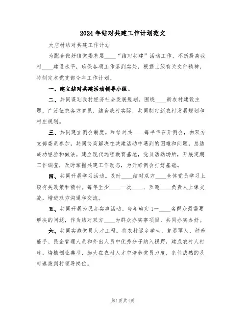 2024年结对共建工作计划范文（二篇）