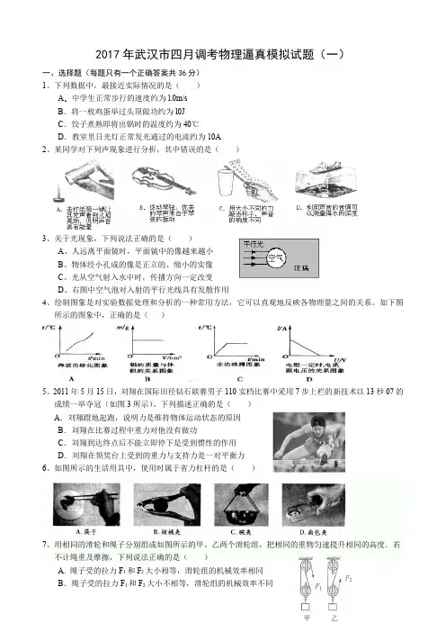 2017年武汉市四月调考物理逼真模拟试题(一)(word版)