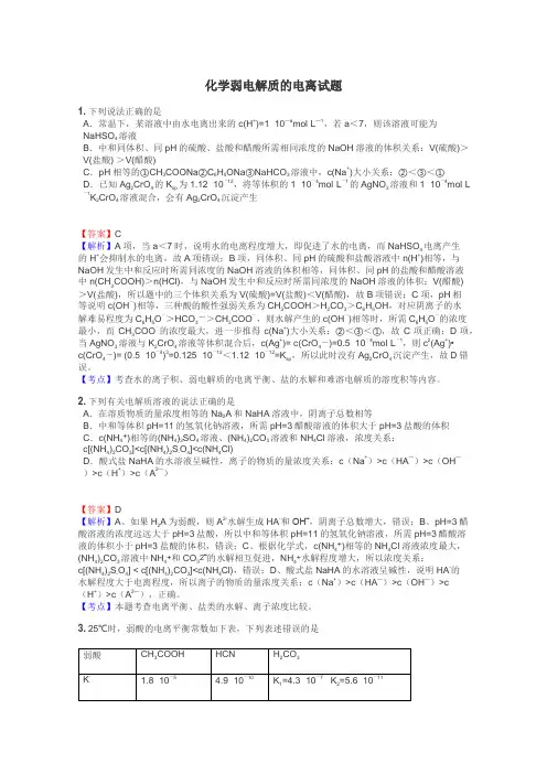 化学弱电解质的电离试题
