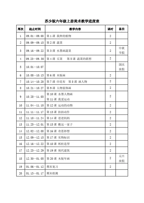 苏少版六年级上册美术教学进度表