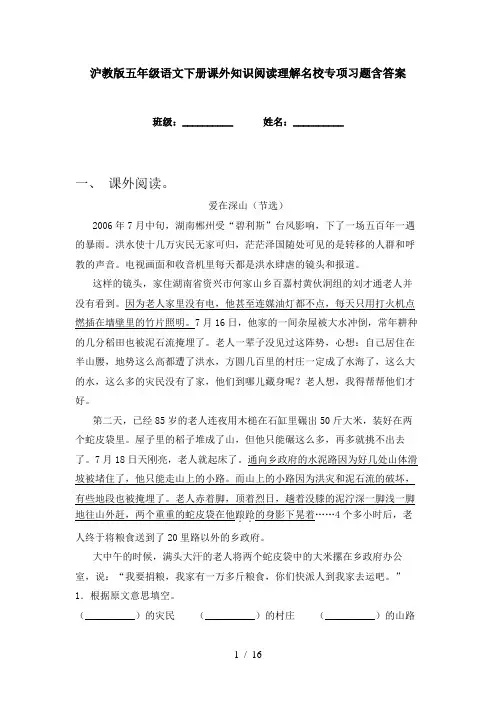 沪教版五年级语文下册课外知识阅读理解名校专项习题含答案