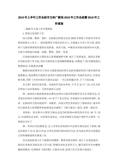 2019年上半年工作总结 市文体广新局2019年工作总结暨2019年工作谋划 精品