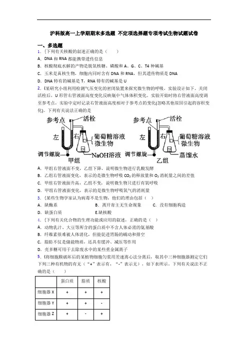 沪科版高一上学期期末多选题 不定项选择题专项考试生物试题试卷