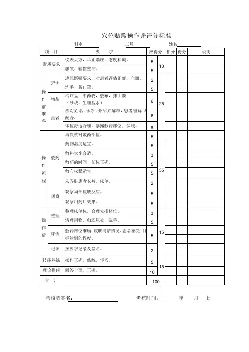 穴位贴敷操作评评分标准