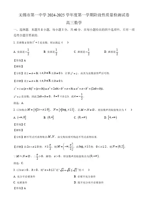 2025届无锡市一中高三数学上学期10月考试卷附答案解析