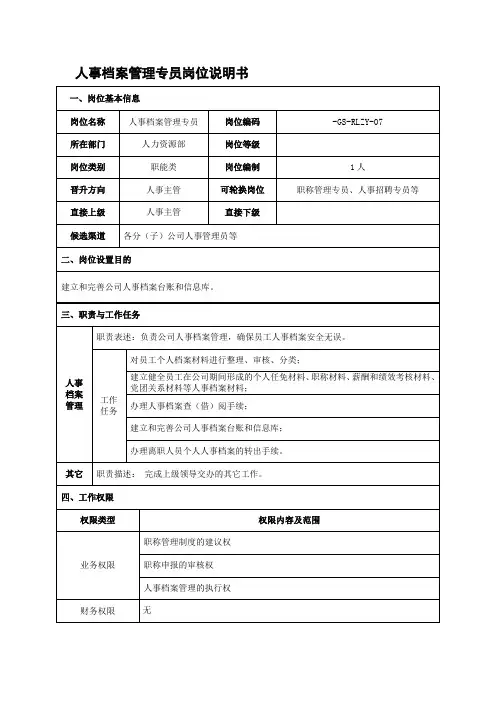 人事档案管理专员岗位说明书