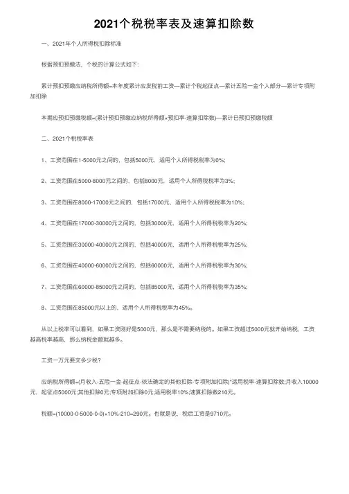 2021个税税率表及速算扣除数