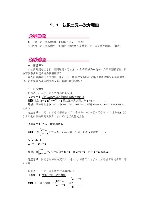 认识二元一次方程组   公开课教案  教案