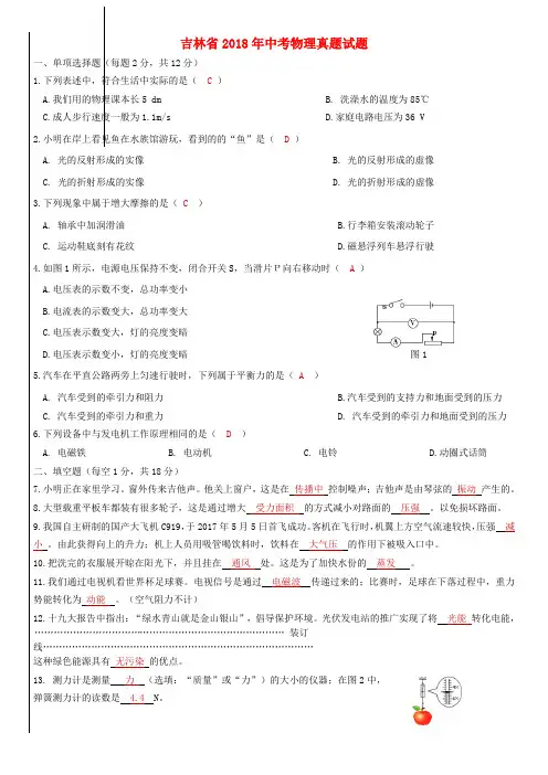 吉林省2018年中考物理真题试题(含答案)