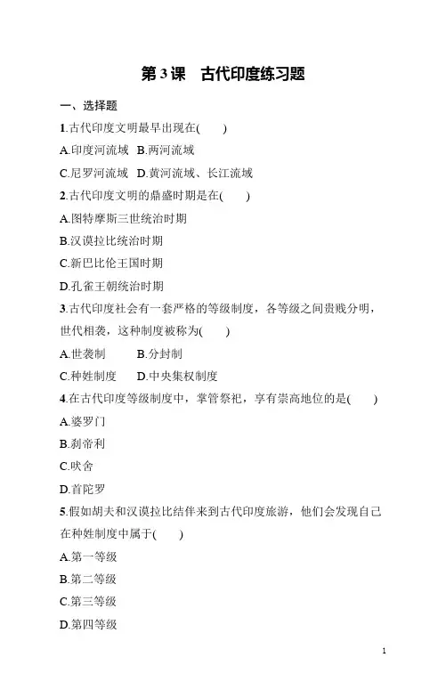 九年级上册《历史》第3课古代印度练习题(含答案)