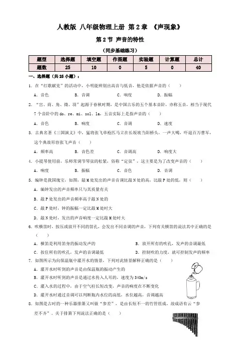 人教版八年级物理上册 2.2声音的特性(同步练习)原卷版+解析