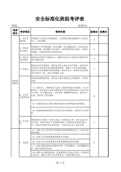 安全标准化班组评分表