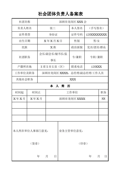 社会团体负责人备案表