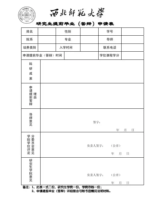 研究生提前毕业(答辩)申请表