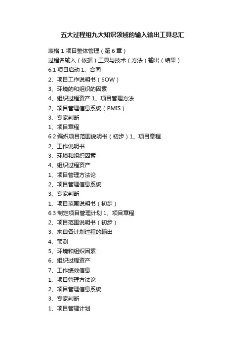 五大过程组九大知识领域的输入输出工具总汇