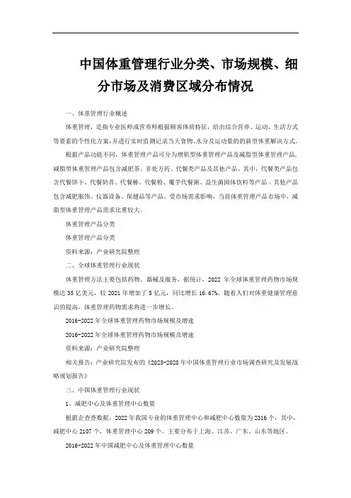 中国体重管理行业分类、市场规模、细分市场及消费区域分布情况