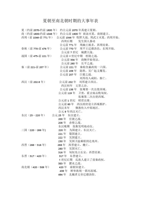 夏朝至南北朝时期的大事年表