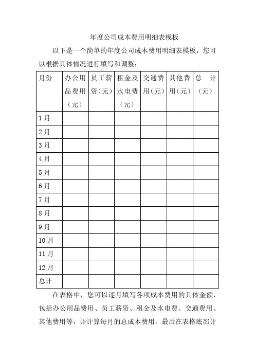 年度公司成本费用明细表模板
