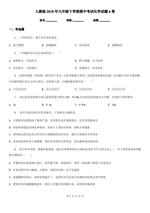 人教版2019年九年级下学期期中考试化学试题A卷