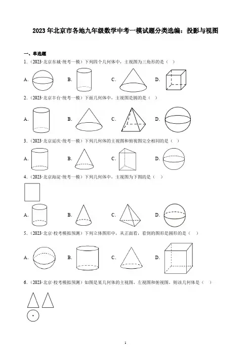 2023年北京市各地九年级数学中考一模试题分类选编：投影与视图