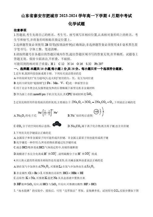 山东省泰安市肥城市2023-2024学年高一下学期4月期中考试化学Word版含答案