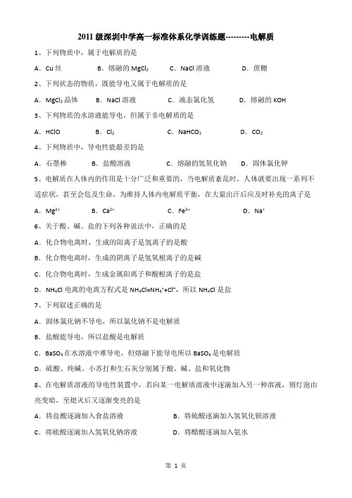 高中化学电解质训练题(附答案)