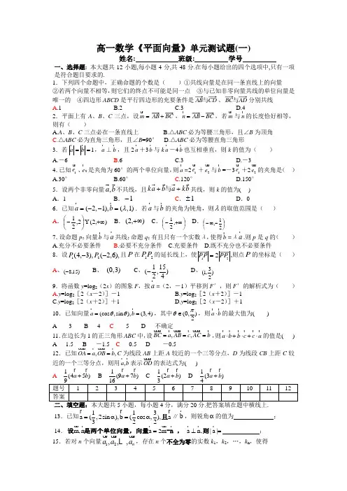 高一数学《平面向量》单元测试题 人教必修版