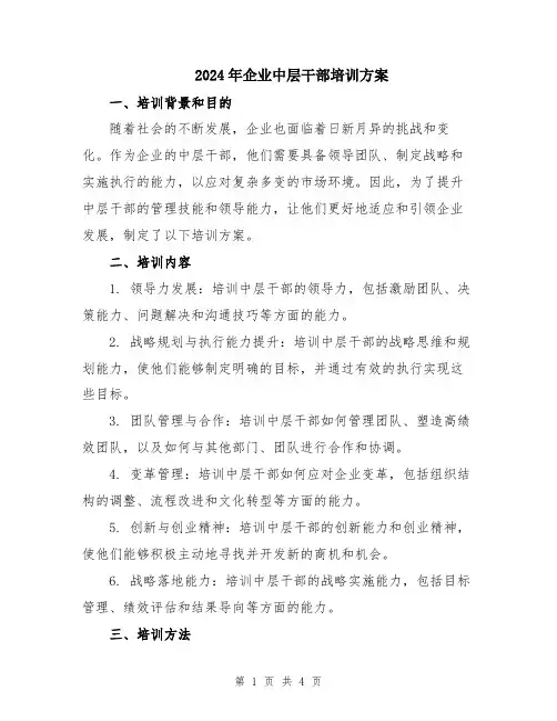 2024年企业中层干部培训方案