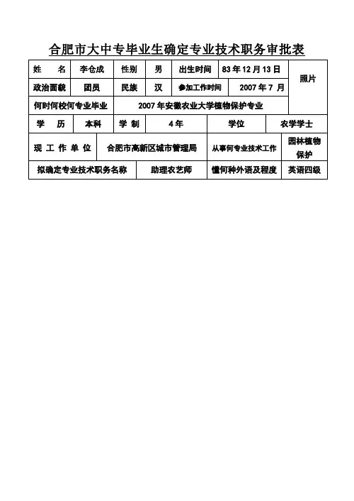 合肥市大中专毕业生确定专业技术职务审批表