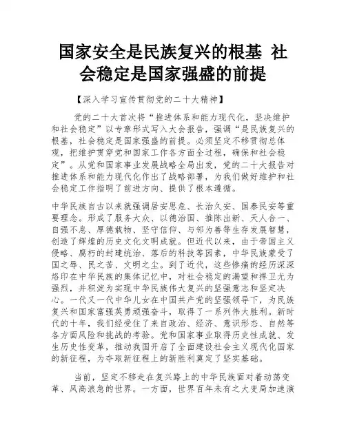 国家安全是民族复兴的根基 社会稳定是国家强盛的前提