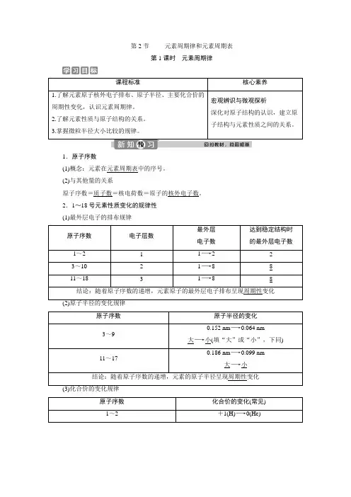 2019-2020学年新教材鲁科版必修第二册 第1章第2节 元素周期律和元素周期表(第1课时) 学案