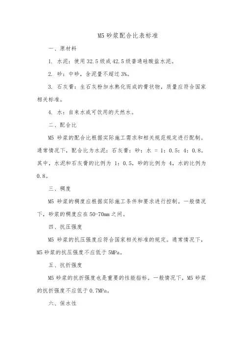 m5砂浆配合比表标准