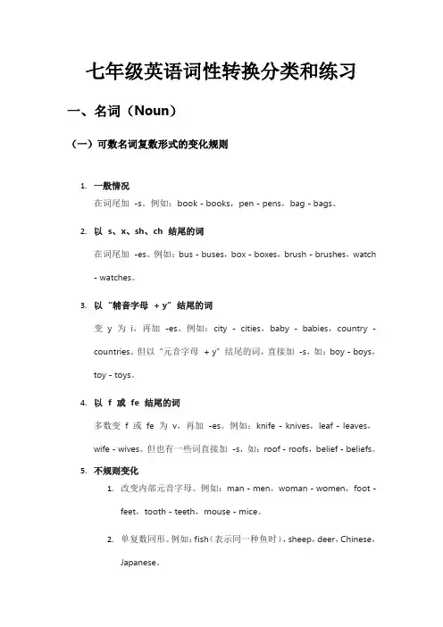 七年级英语词性转换分类和练习全