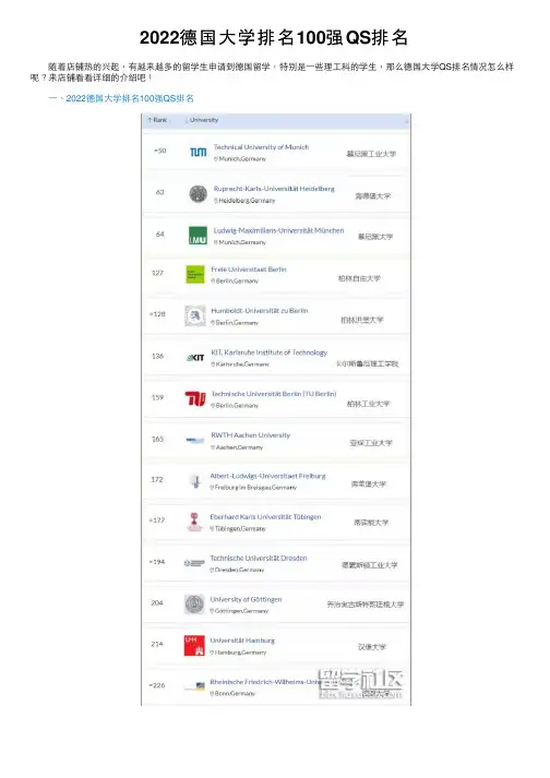 2022德国大学排名100强QS排名