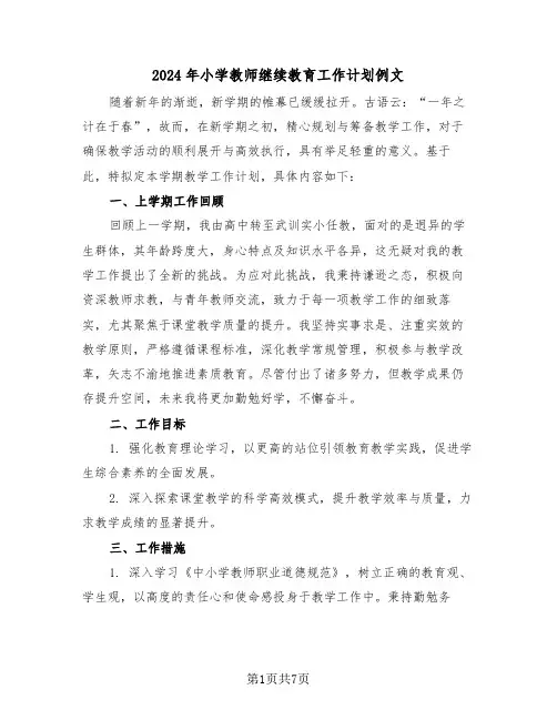 2024年小学教师继续教育工作计划例文（三篇）
